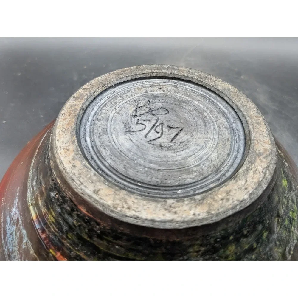 Vintage 1997 Signed Studio Pottery Bowl Black Green Raku Glaze Signed Bo 10